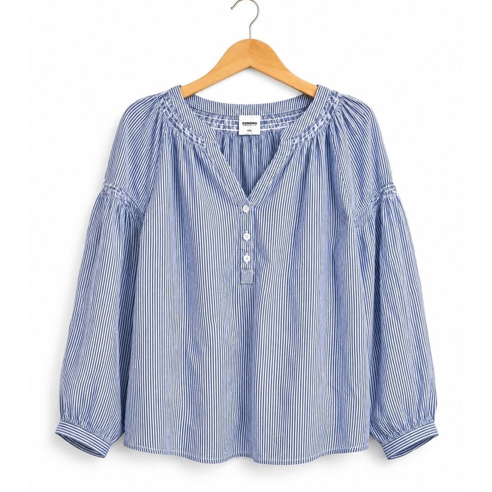 Sonoma Goods for Life Henley Blouse XXL Blue Striped Boho Balloon Sleeve